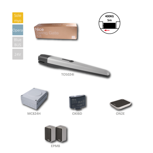 Sada pro jednokřídlou bránu do 5m/křídlo - intenzívní provoz, 1x TO5024i, 24V, 120W, 2200N, 1x MC824H, 1x OXIBD, 1pár EPMB, 1x ON2E